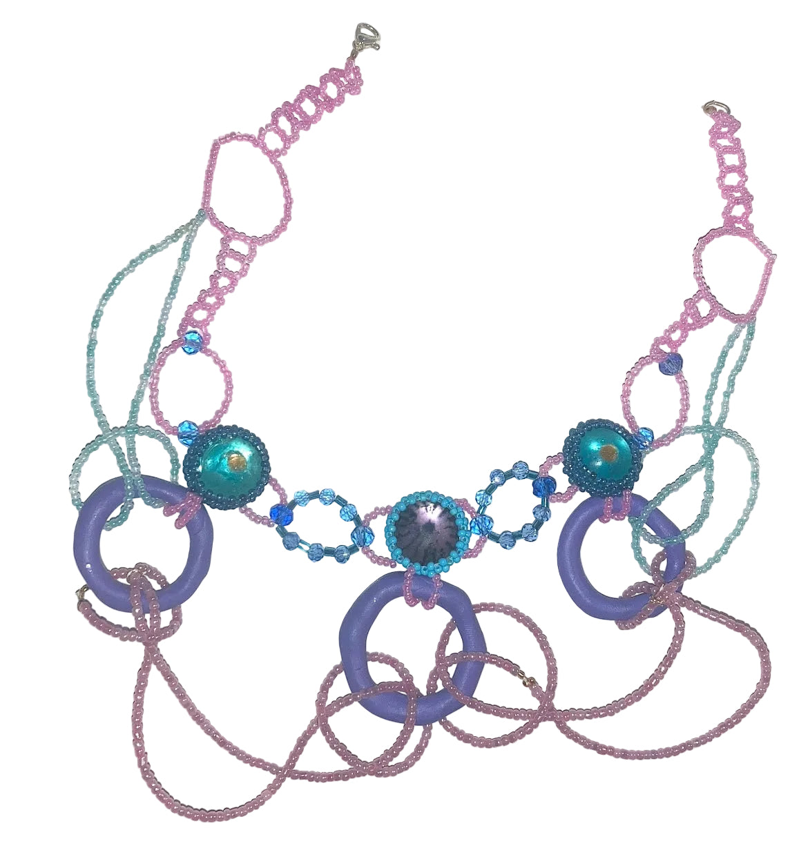 Handmade multi-strand beaded necklace in pastel pink, lavender, and teal on a white background.