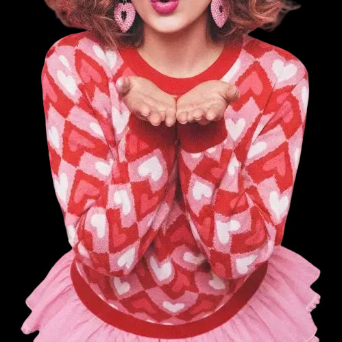 Sweetheart Geometric Knit Sweater – Pink &amp; Red