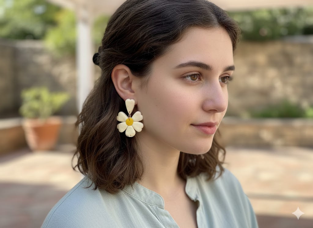 Handmade Daisy Polymer Clay Earrings - Stainless Steel Posts - Floral Boho Style