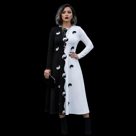 All-over print long sleeve yin and yang midi dress