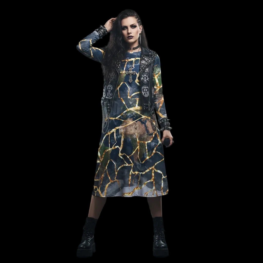 🌍 The Kintsugi Earth Dress: Healing & Harmony Long-Sleeve Dress