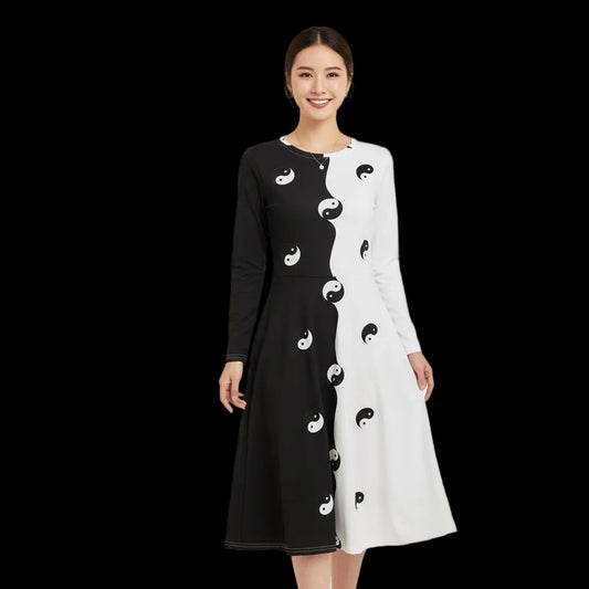 All-over print long sleeve yin and yang midi dress