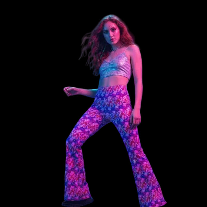 High-waisted pink and purple flare leggings with repeating mermaid pattern