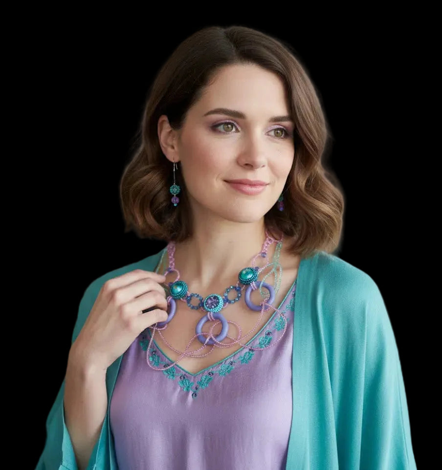 Model wearing handmade artisan necklace