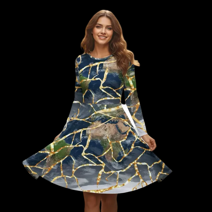 🌍 The Kintsugi Earth Dress: Healing & Harmony Long-Sleeve Dress