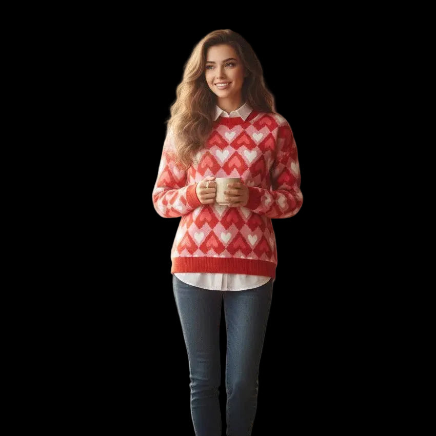 Sweetheart Geometric Knit Sweater – Pink &amp; Red