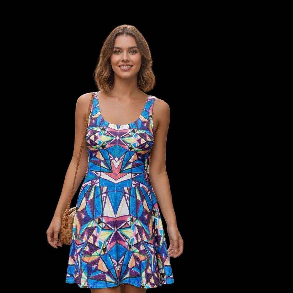 Woman wearing the Prism Pop colorful geometric sundress walking down a sunny European street.