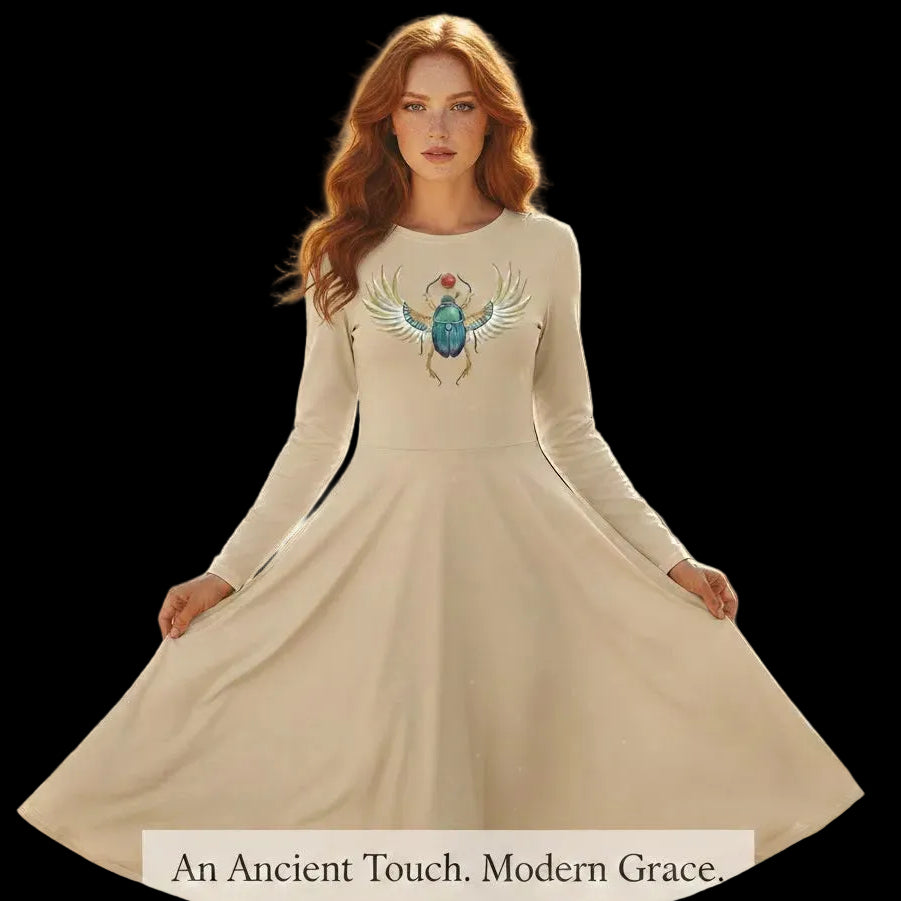Ginger model wearing a scarab dress