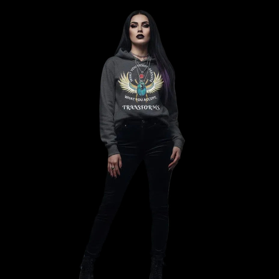 Goth model wearing scarab grey hoodie