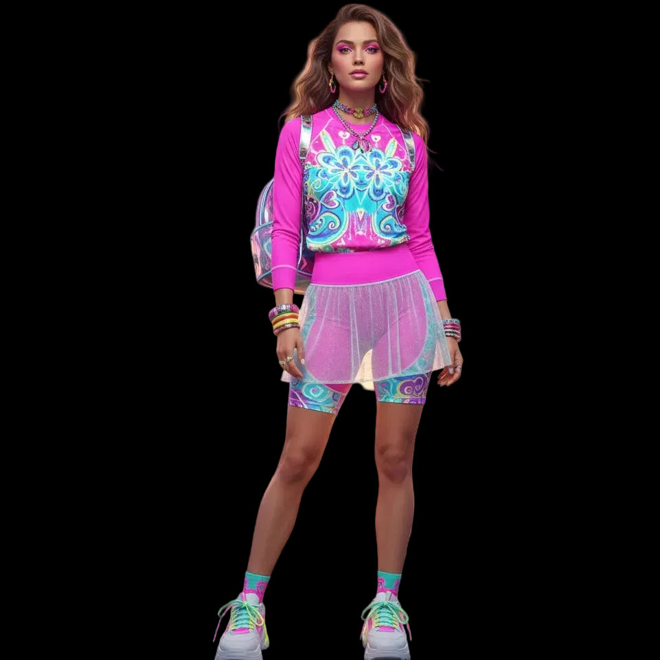 Model wearing a vibrant psychedelic floral t-shirt with trippy 70s retro colors for festival outfit inspiration